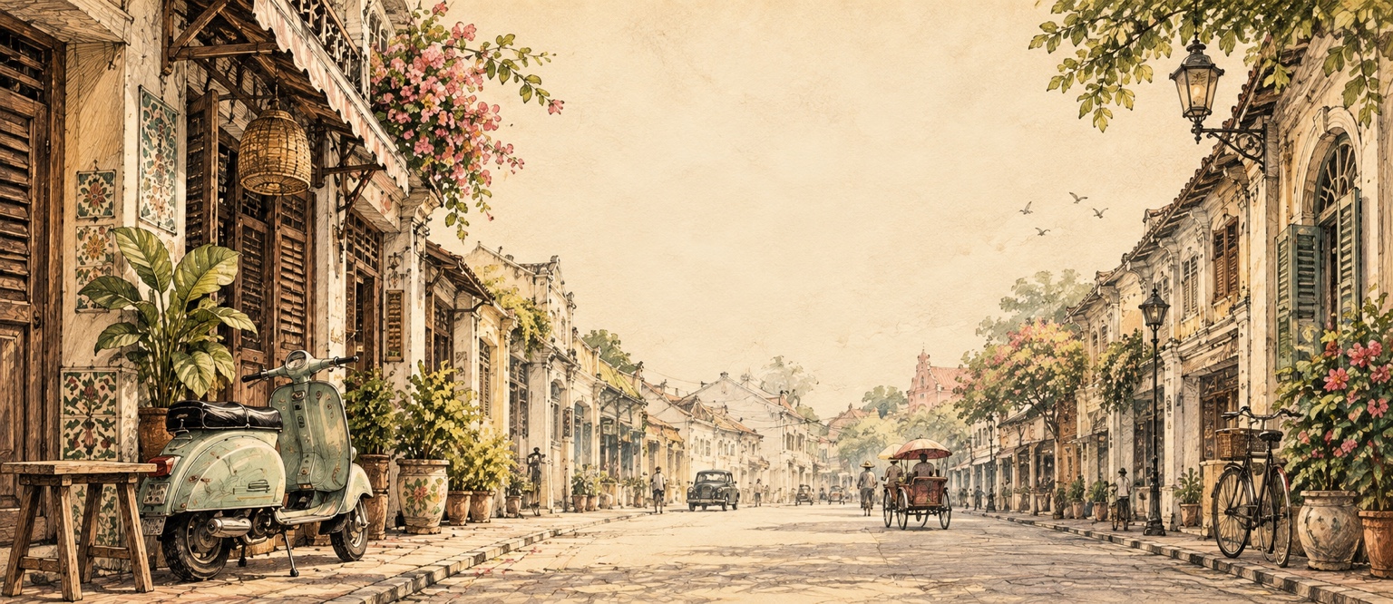 Illustrated nostalgic Old Melaka street with heritage shophouses, a Vespa, bicycle and trishaw