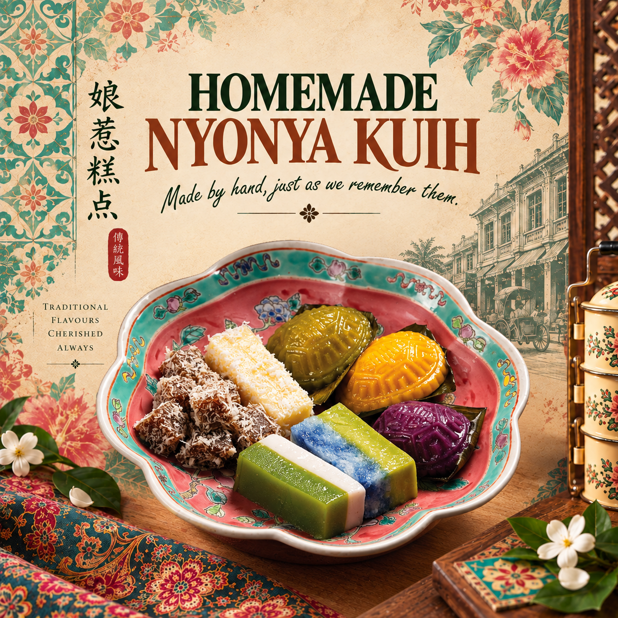 Homemade Nyonya kuih in a pink Peranakan bowl